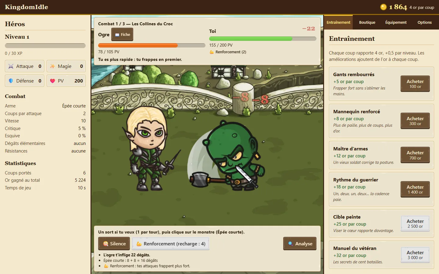 Combat de raid dans KingdomIdle : le héros elfe affronte un ogre, avec les barres de vie en haut et les sorts en bas.